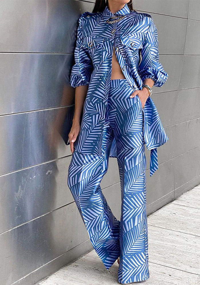 Spring Women's Printed Blouse Belt Button Top Straight Leg Trousers Set