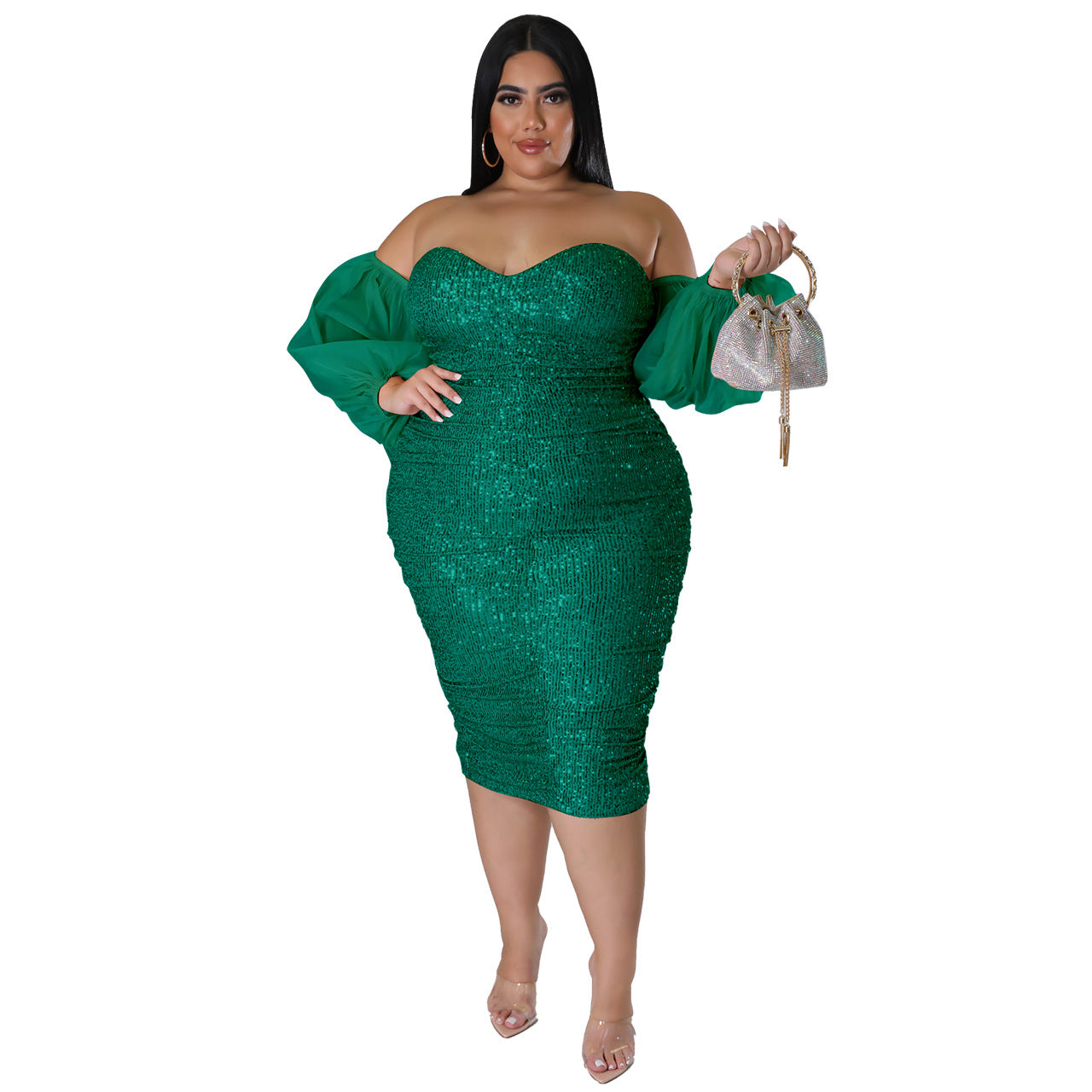 WomenSexy Sequins Strapless Mesh Bodycon Dress Evening Dress 14