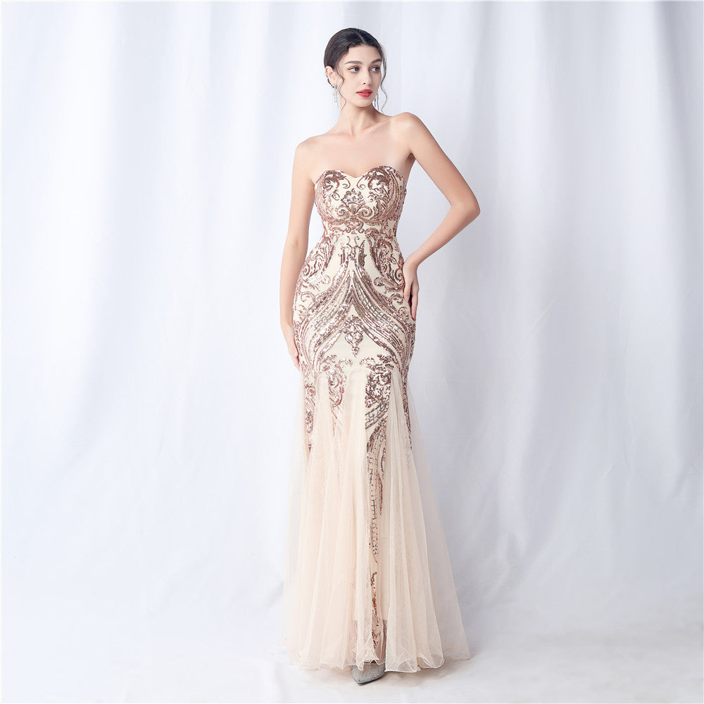 Positioned Flower Mesh Sequin Wedding Dinner Evening Dress 16