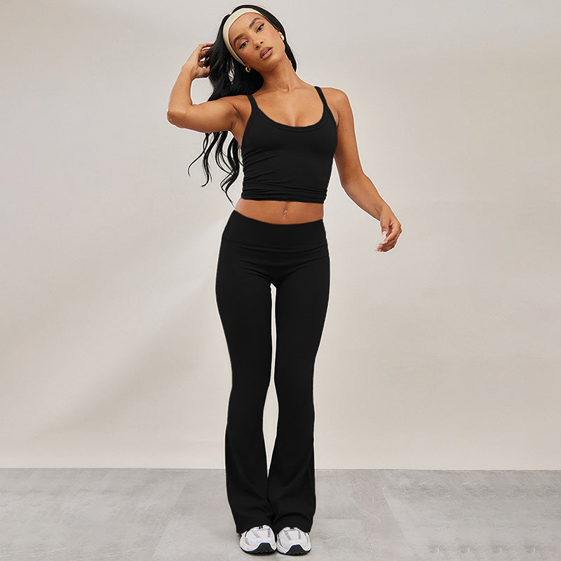 Women Spring Summer Solid Suspender Backless Top and Bell Bottom Pants Two-Piece Set 3