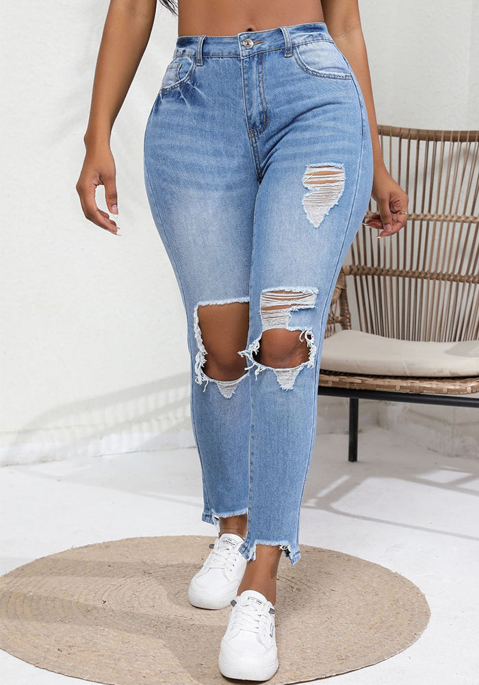 Women Autumn and Winter Washed Ripped High Waist Elastic Vintage Denim Pants