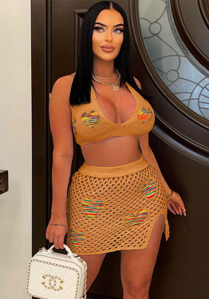 Women's Sexy Heart Print Jacquard Hollow Knitting Beach Fashion Two Piece Skirt Set