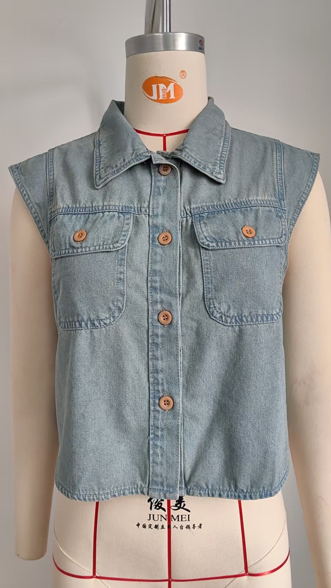 Summer Fly Sleeves Turn-Down Collar Single-Breasted Denim Vest 8