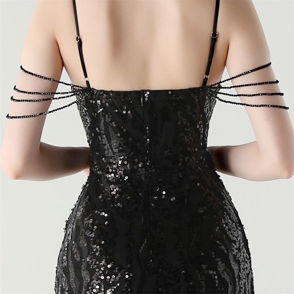 Women Backless Beaded Slit Party Evening Dress 44