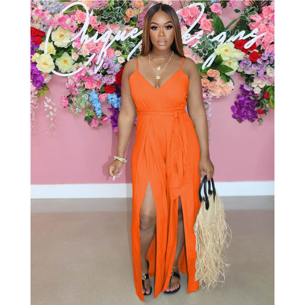 Suspender Hem Slit Fashion Jumpsuit Solid Casual One Piece 6