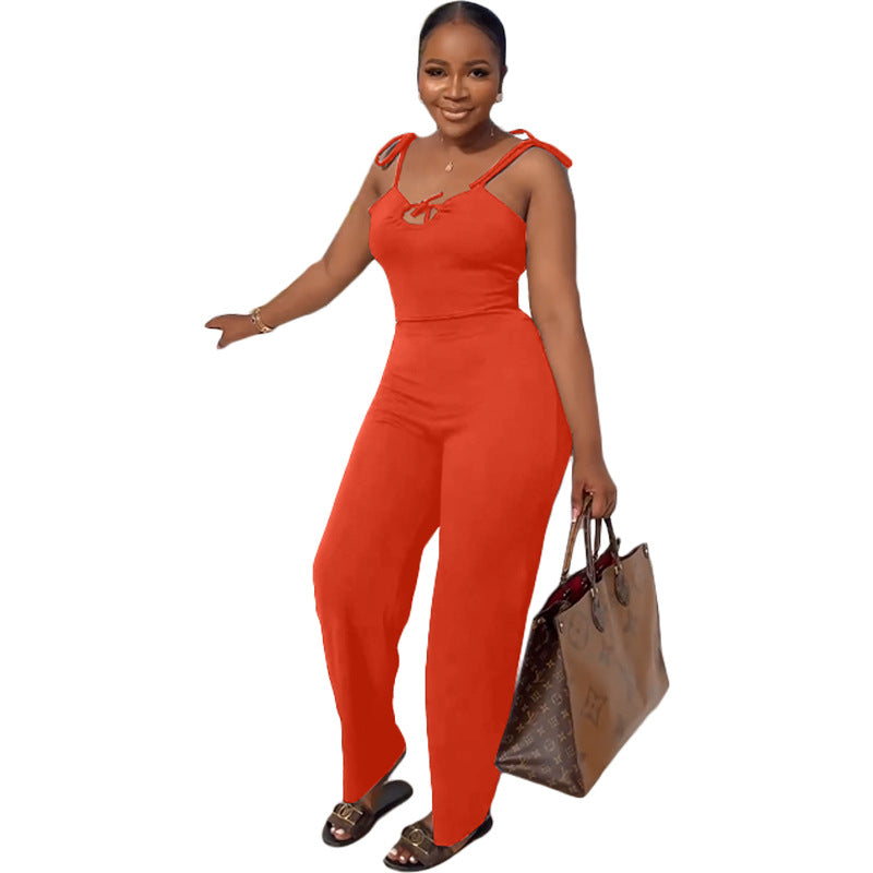 Spring Summer Women's Fashion Sexy Casual Women's Straps Lace-Up Solid Color Jumpsuit 11