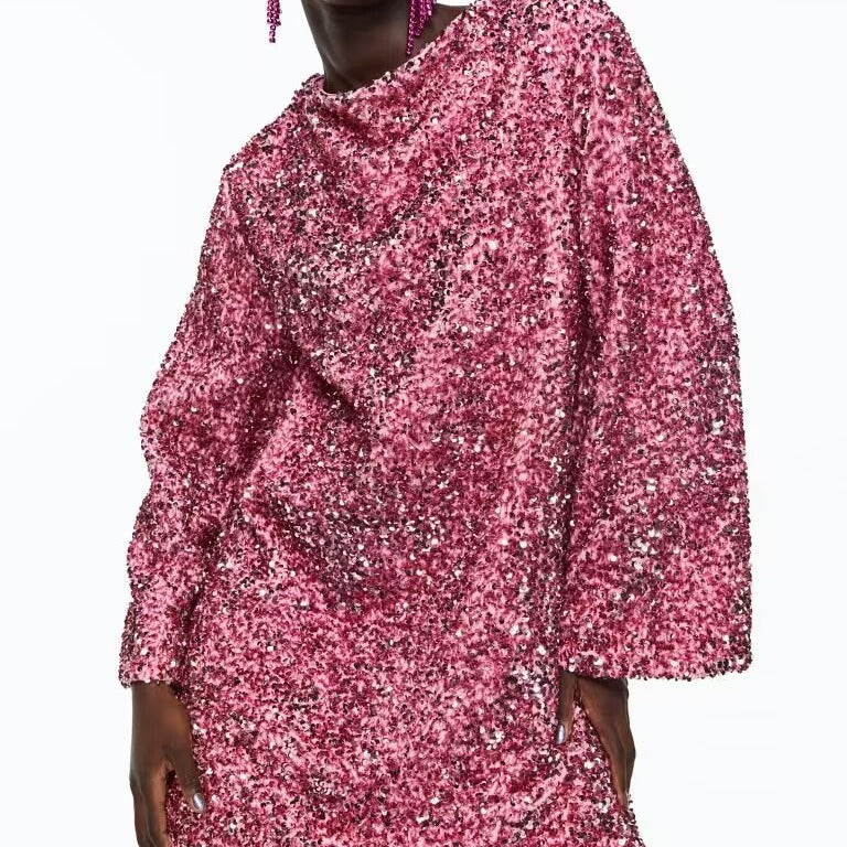 Autumn And Winter Women 's Round Neck Long Sleeve Loose Plus Size Sexy Sequin Short Dress 9