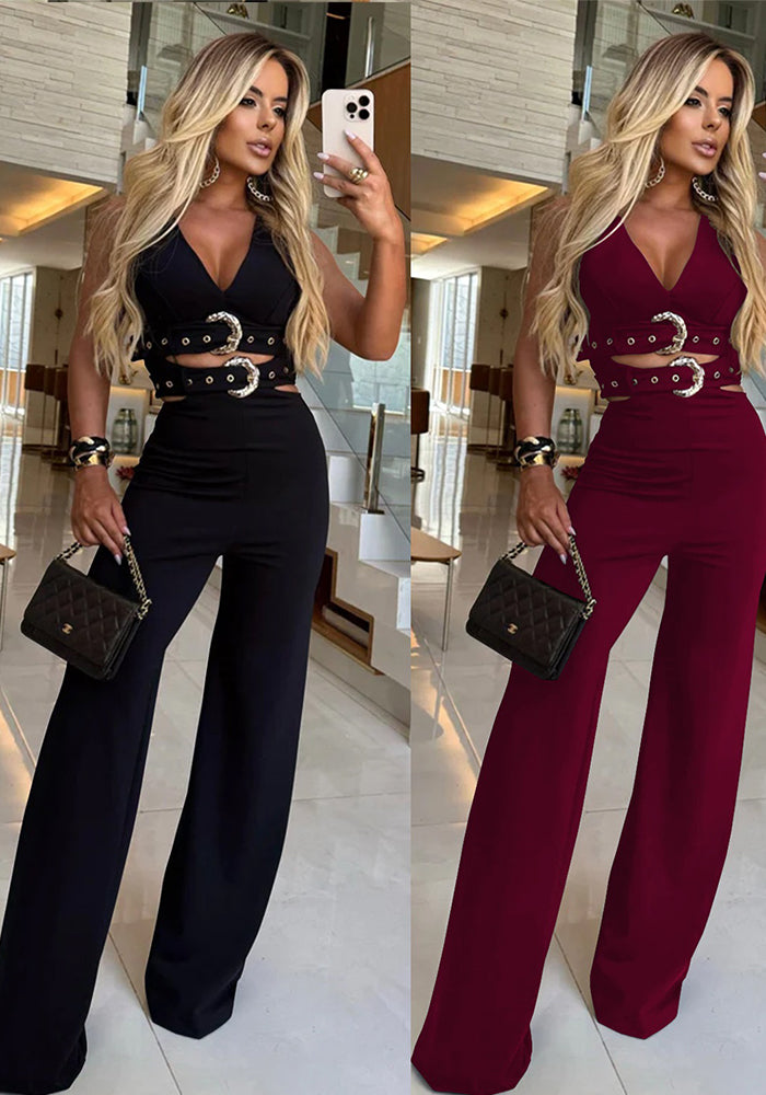 Women V-Neck Buckled Belt Top and Pants Two-Piece Set