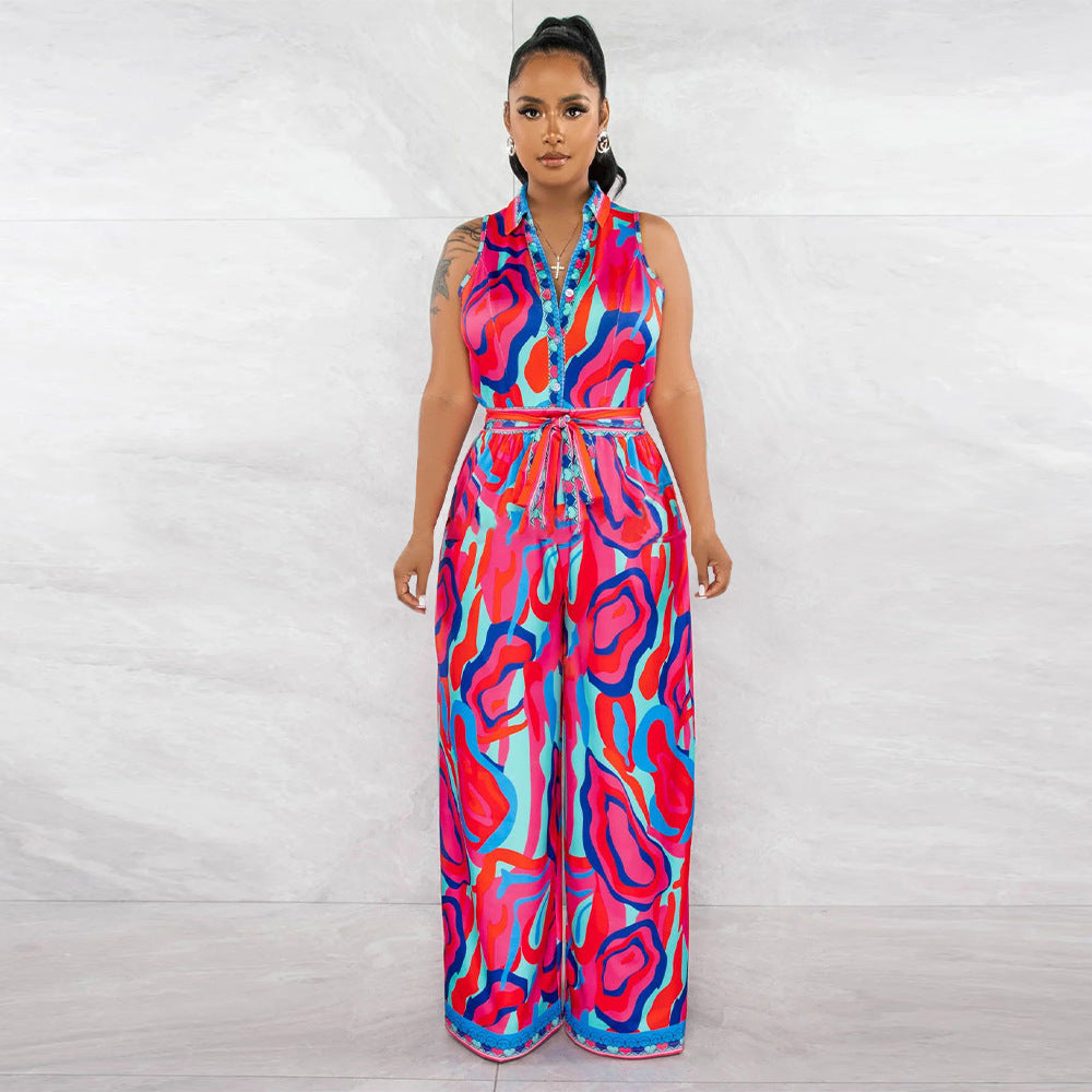Women's Summer Print Sleeveless V Neck Wide Leg Jumpsuit 5