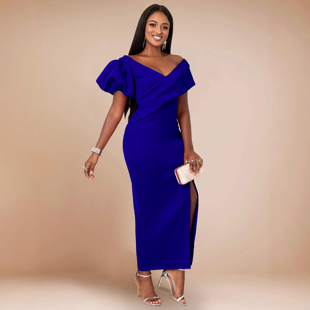 Lantern Sleeve V-Neck Dress Formal Black Party Gown 6