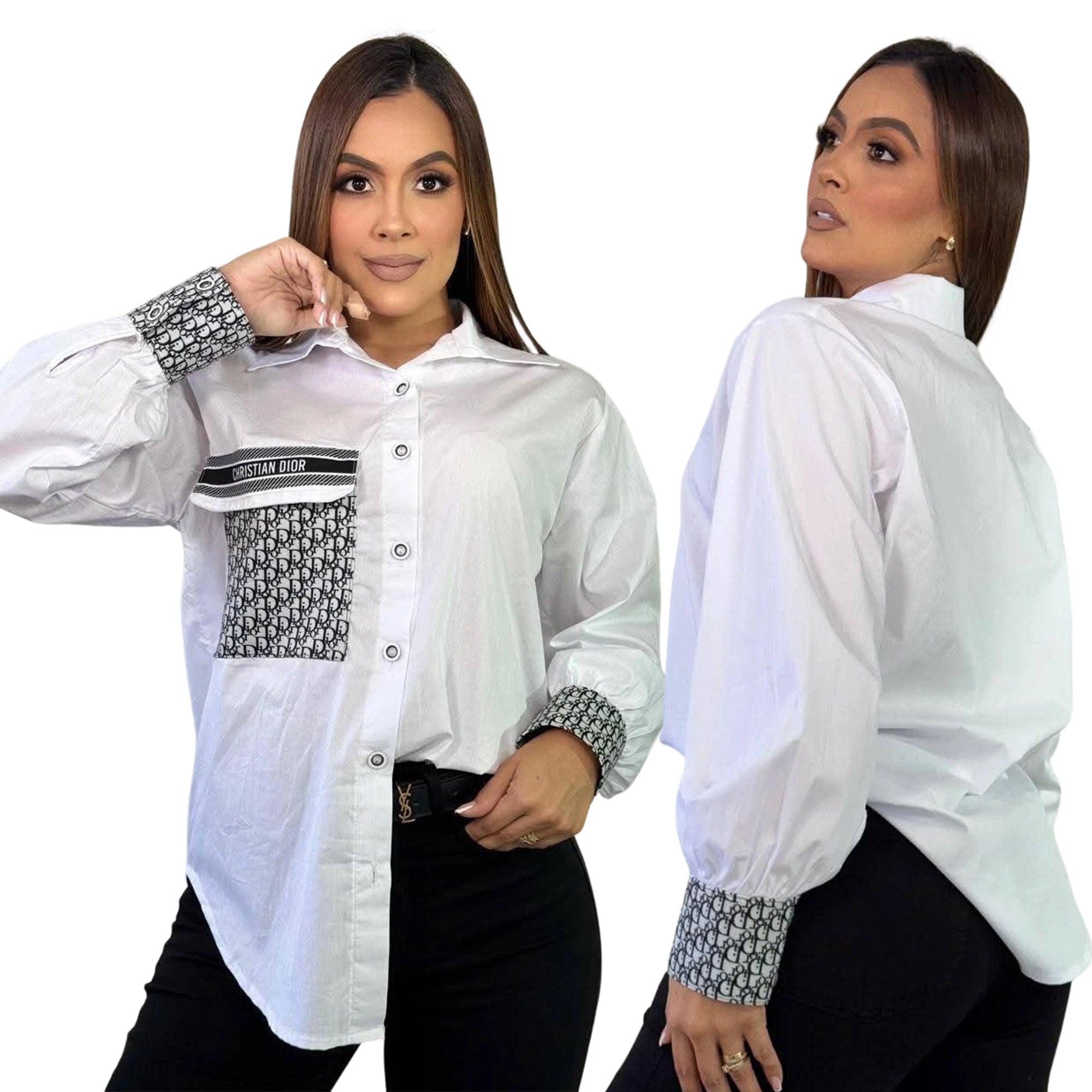 Women summer and autumn long-sleeved solid printed letter shirt (with pockets) 3