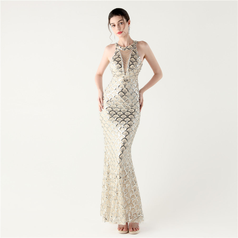 Women Halter Neck high collar hollow fishtail Bodycon fish scale sequin Formal Party evening dress 4