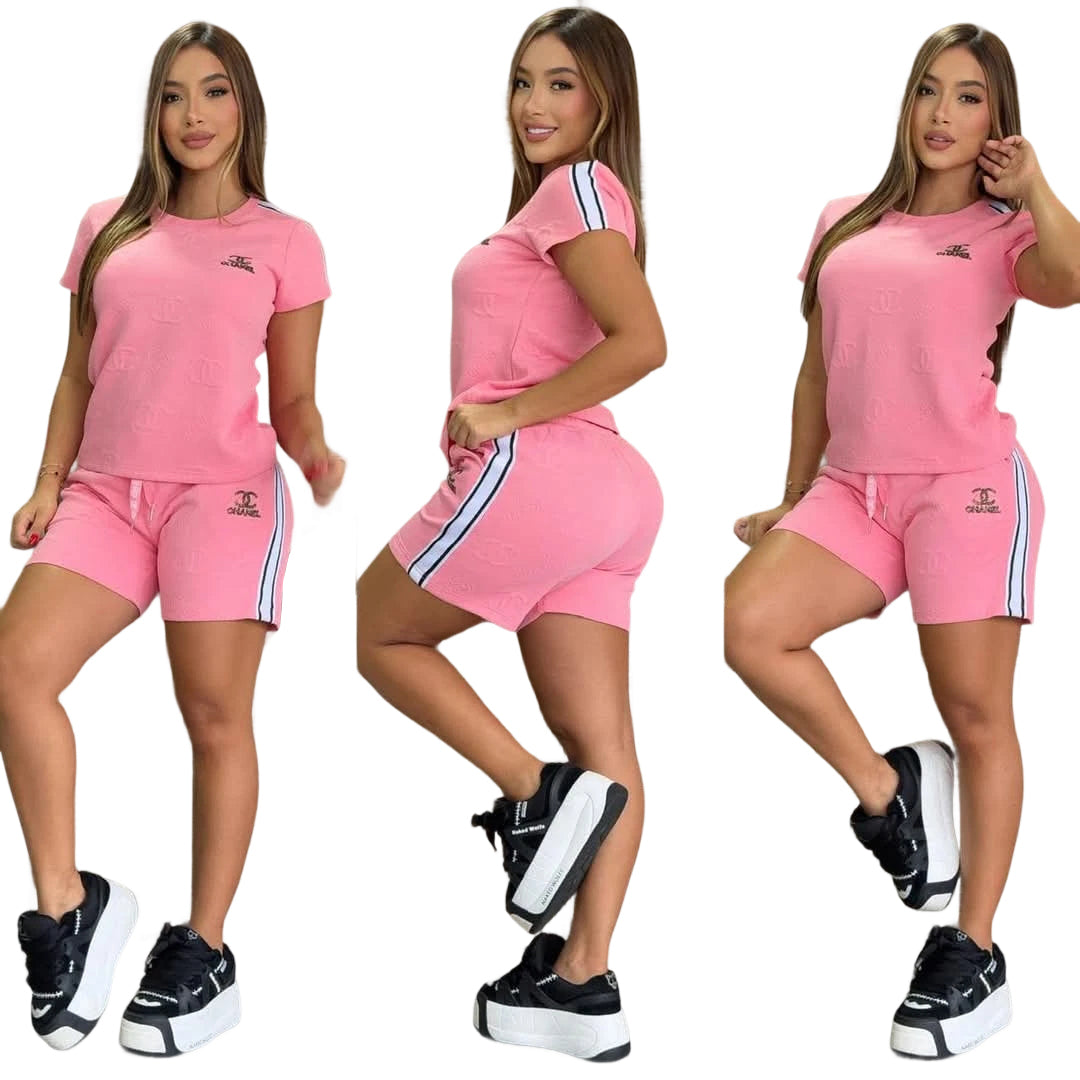 Women Jacquard Short Sleeve Top and Shorts Sports Two Piece Set 16