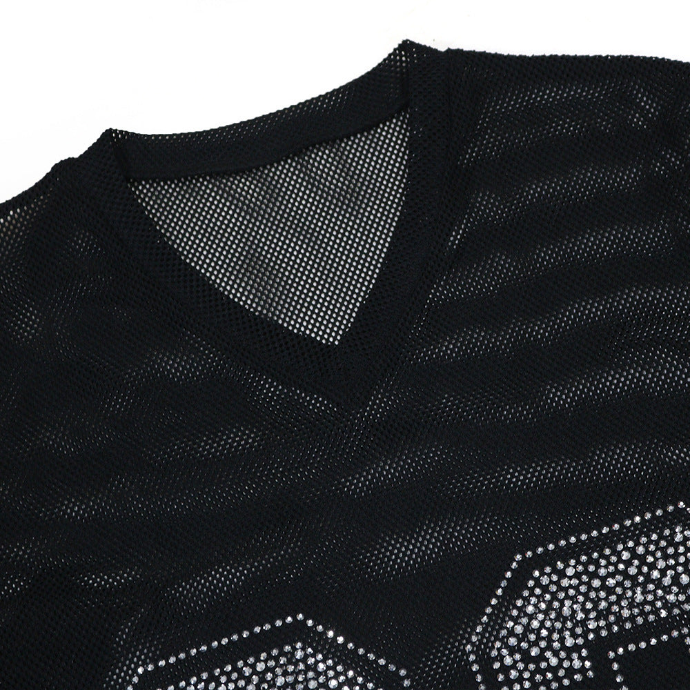 Women See-Through Round Neck Sexy Slit Beaded Top 14