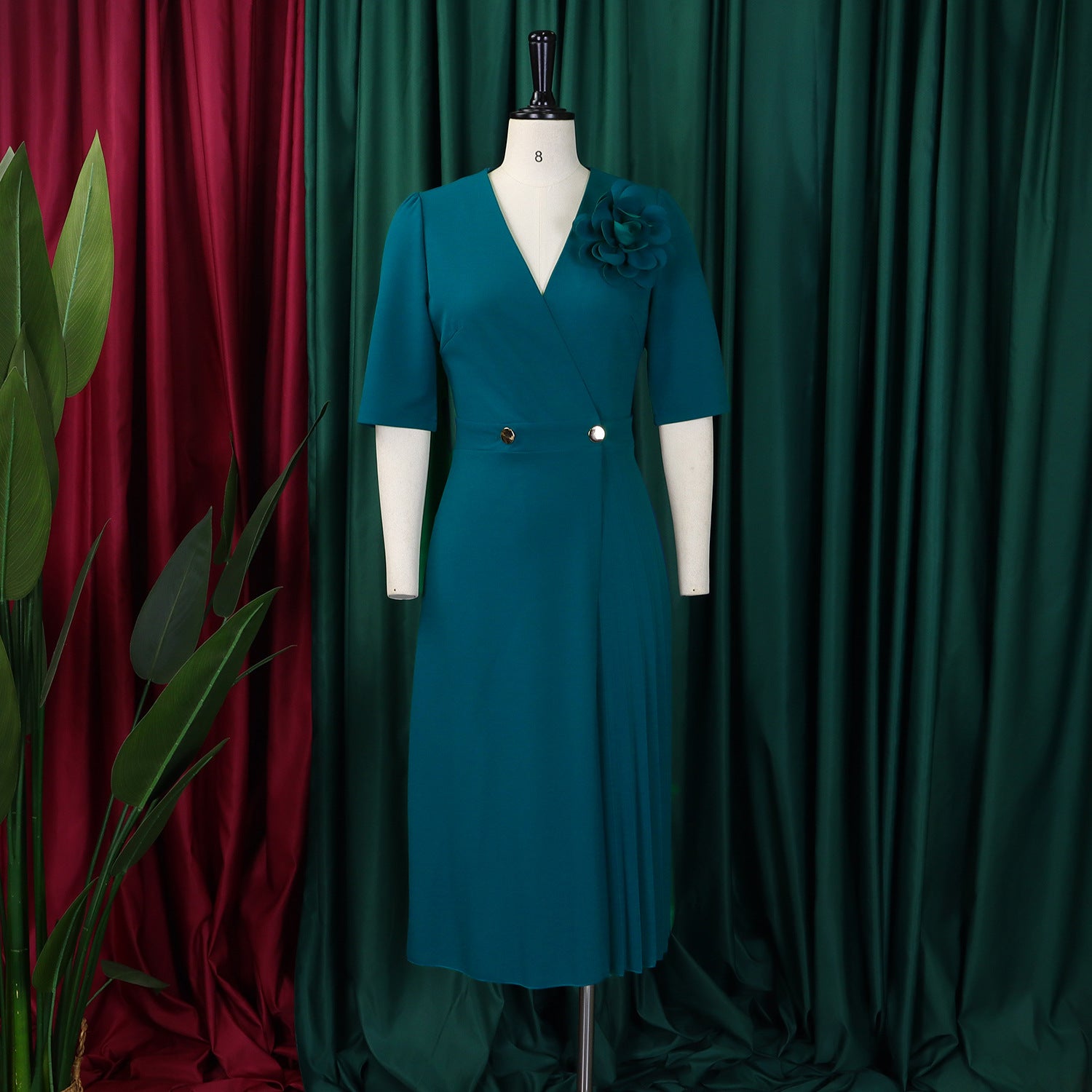 Women's Summer V-Neck Fashion Short Sleeve Solid Color Elegant Pleated African Dress 11