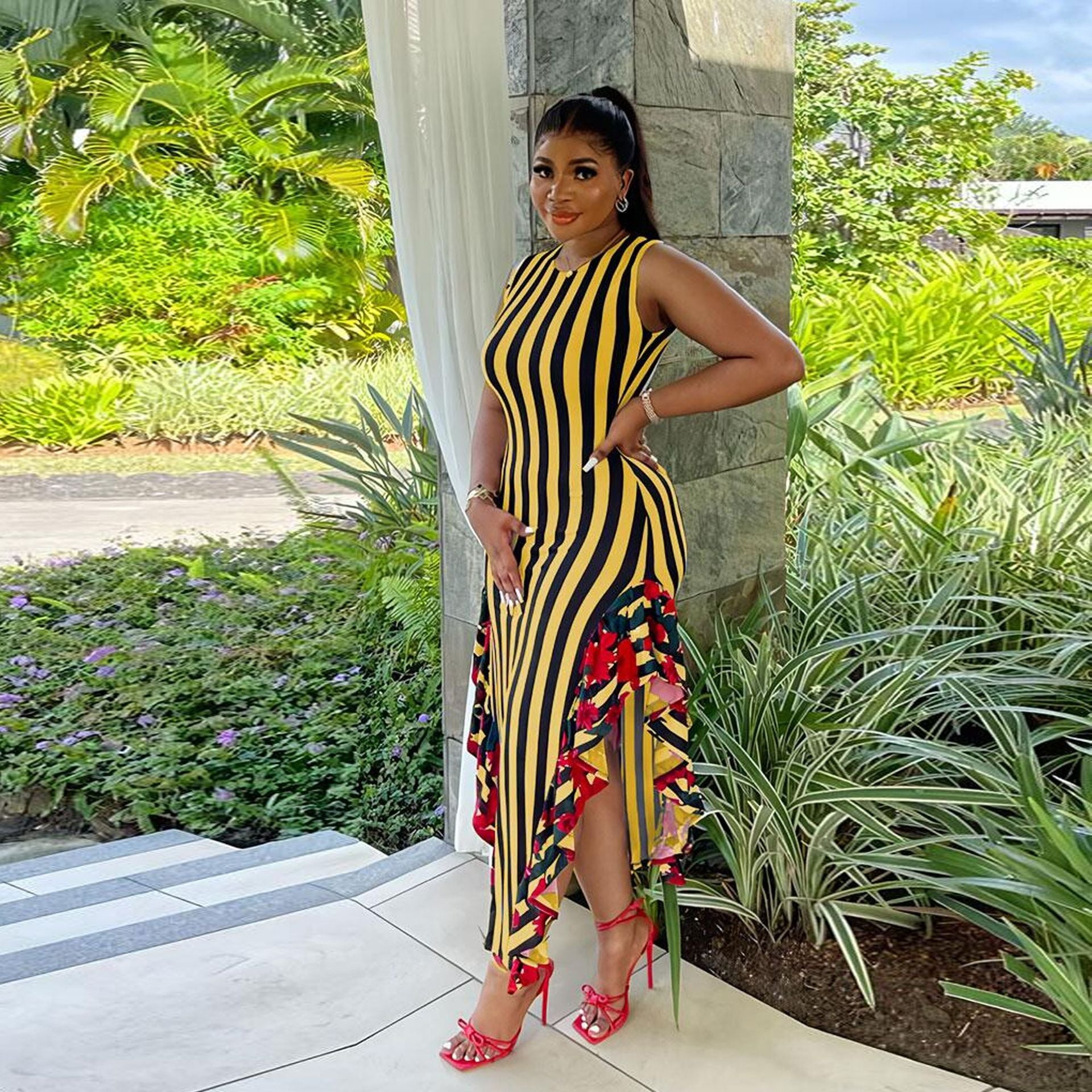 Women's Printed Stripe Patchwork Ruffle Edge Sleeveless Long Dress 5