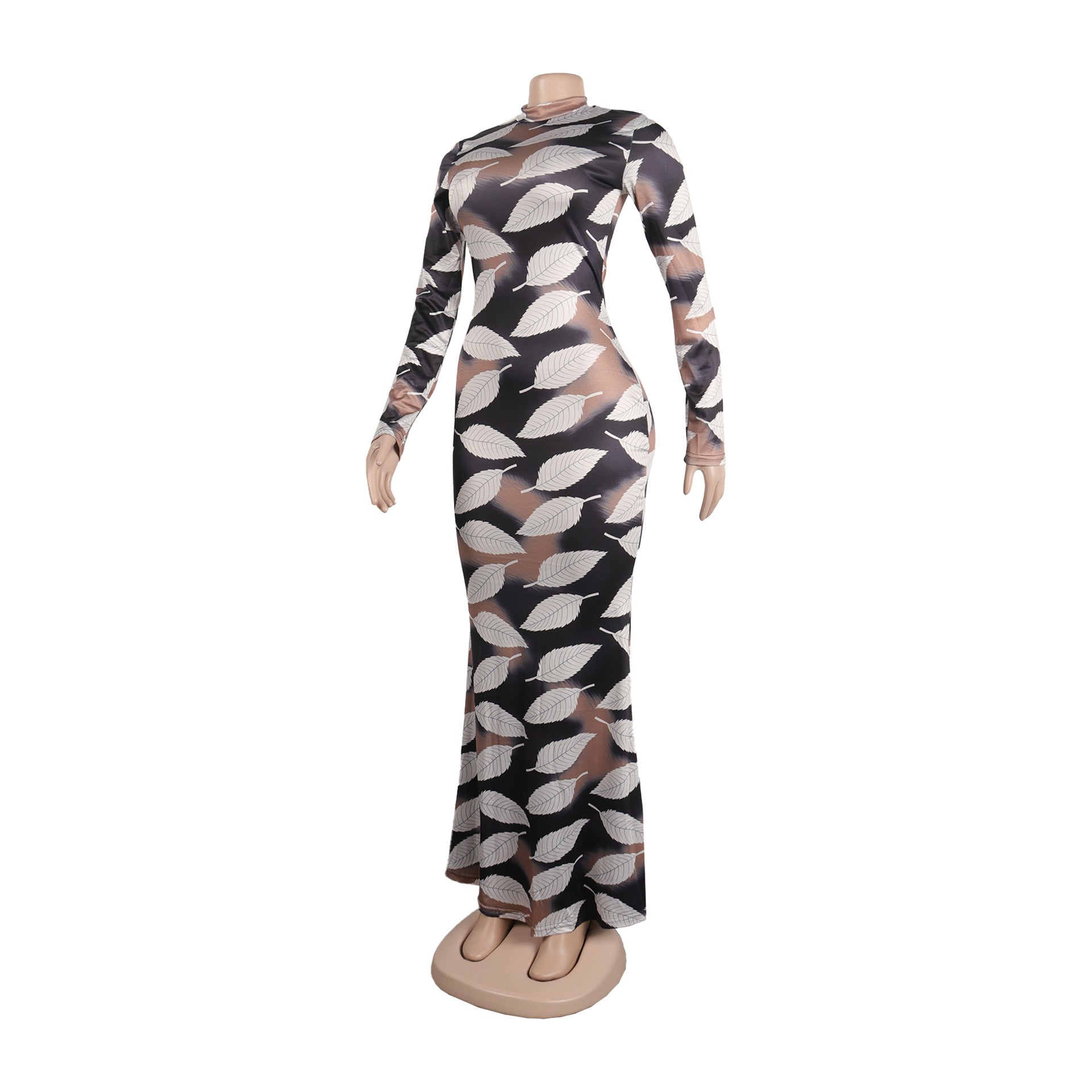 Sexy Printed Stretch Round Neck Long Sleeve Bodycon Tight Fitting Mermaid Long Dress 16