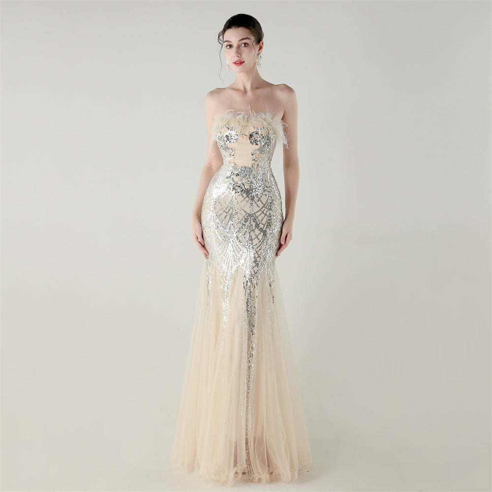 Women sequined tube flower ostrich feather Strapless cross Lace-Up Mesh Formal Party fishtail evening dress 22