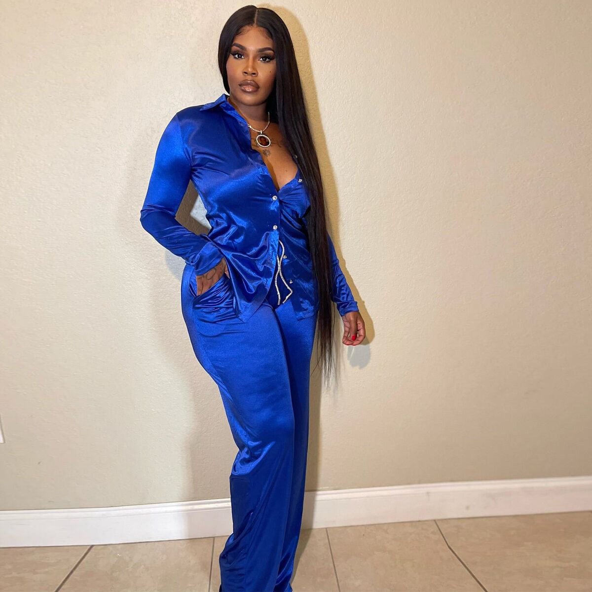 Fashion Stretch Solid Satin Long Sleeve Casual Two Piece Pants Set 6