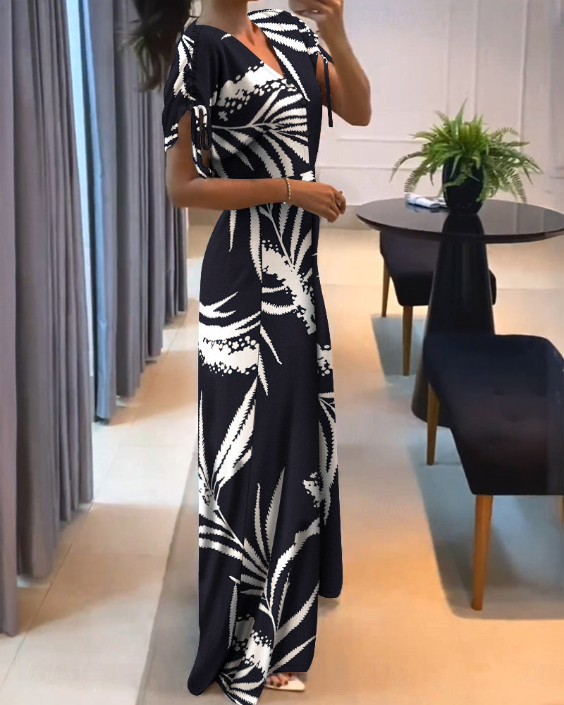 Geometric Print Short Sleeve Wide-Leg V-Neck Jumpsuit 11
