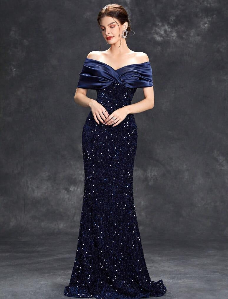 Women Off Shoulder Fishtail Sexy Sequin Party Evening Dress