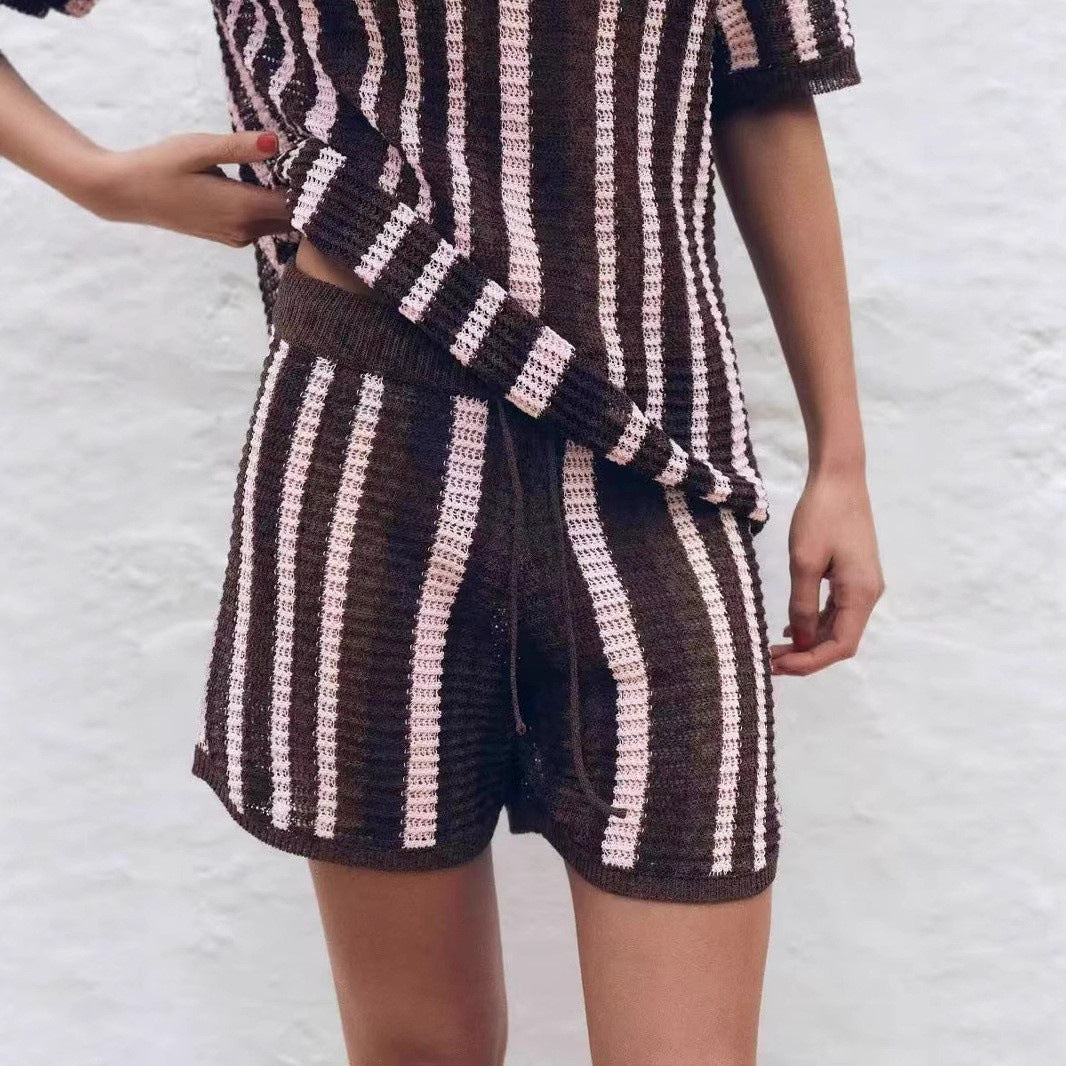 Fashion Striped Turndown Collar Short-Sleeve Top & Shorts Knit Set 8