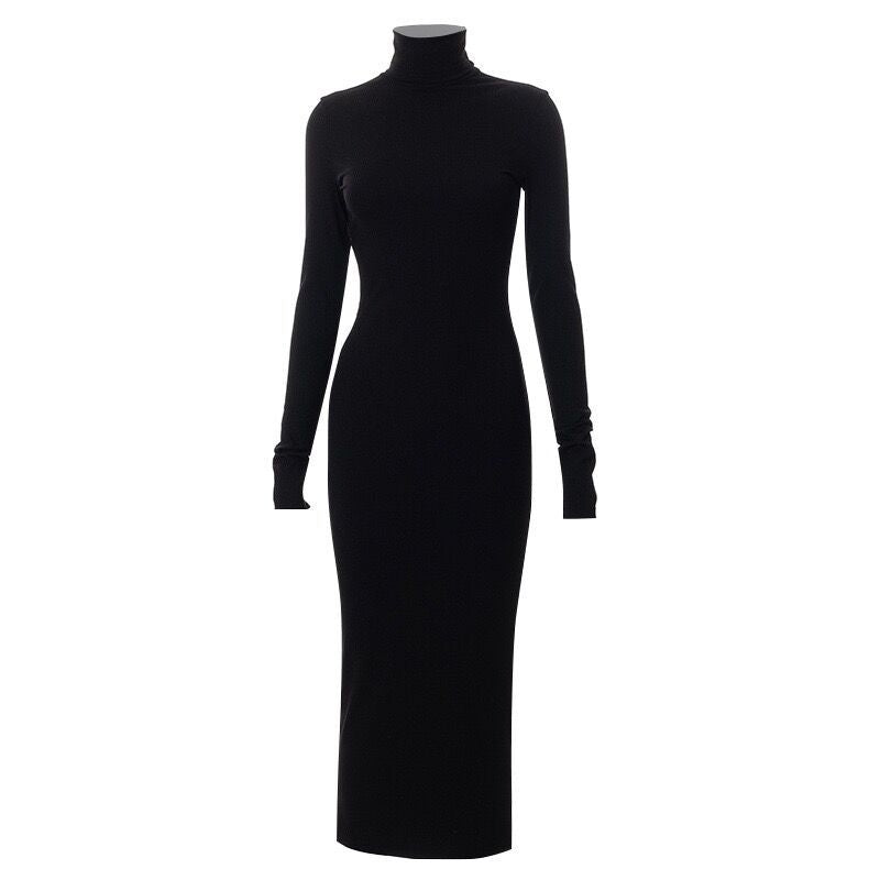 Women Fall Half Turtle Neck Long Sleeve Ribbed Dress 6