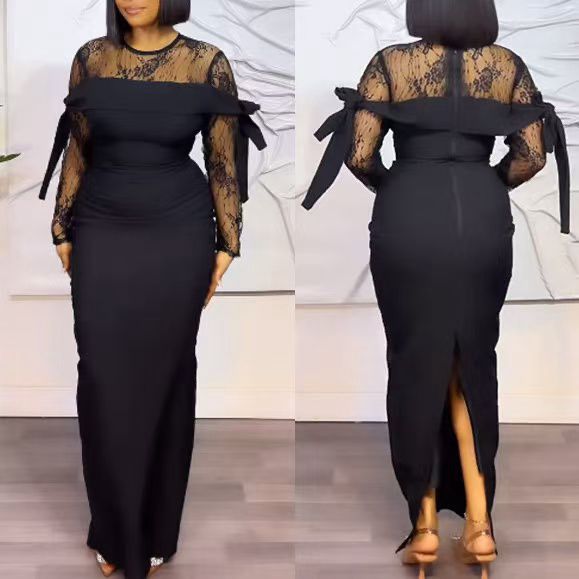 Solid Round Neck Sexy Lace Patchwork Sheer Slit Evening Dress for Women