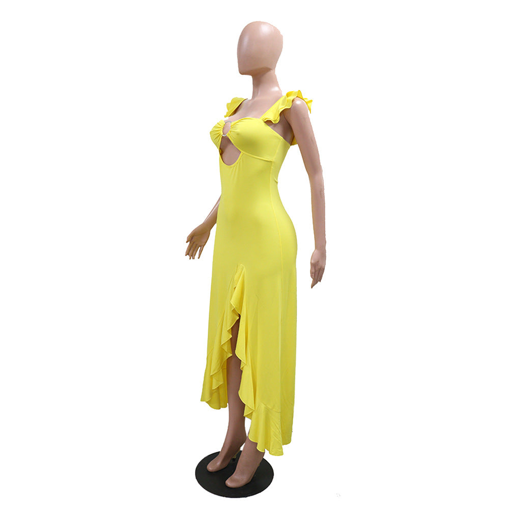 Women Sexy Halter Hollow Solid Slit Maxi Dress 6