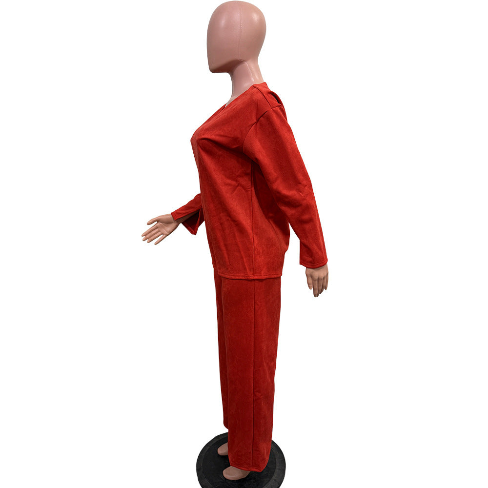 Women Solid Long-Sleeved Slit Two-Piece Set 23