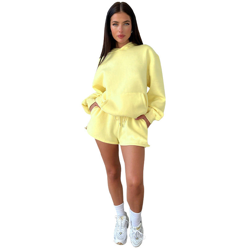 WomenSolid Long Sleeve Hoodies and Casual Shorts Two-Piece Set 4