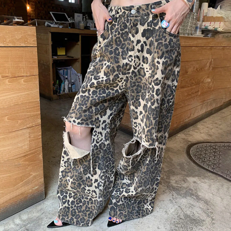 Autumn American Retro Leopard Print High Waisted Slim Fit Straight Jeans Ripped Denim Pants 7