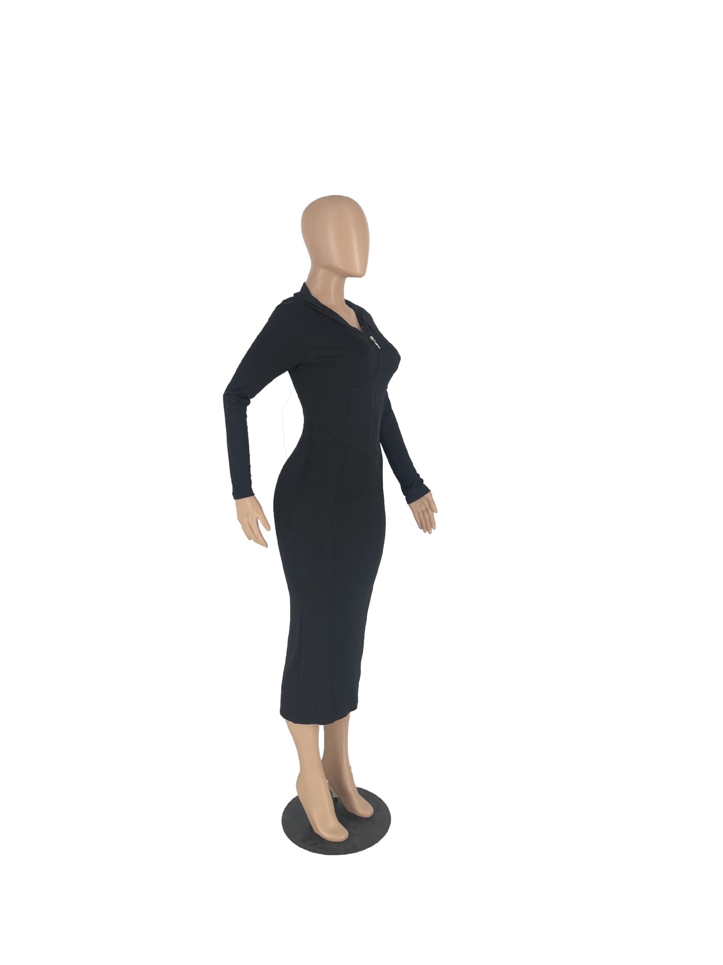 solid color long sleeve hooded zipper tight slim long dress 10