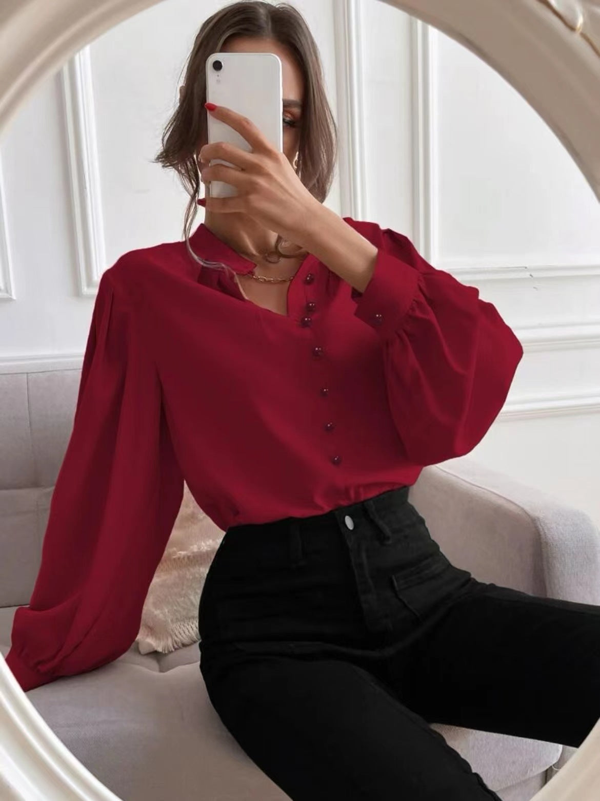Women's Shirt Spring Elegant Solid Color Long Sleeve Button Loose Women's Top 8