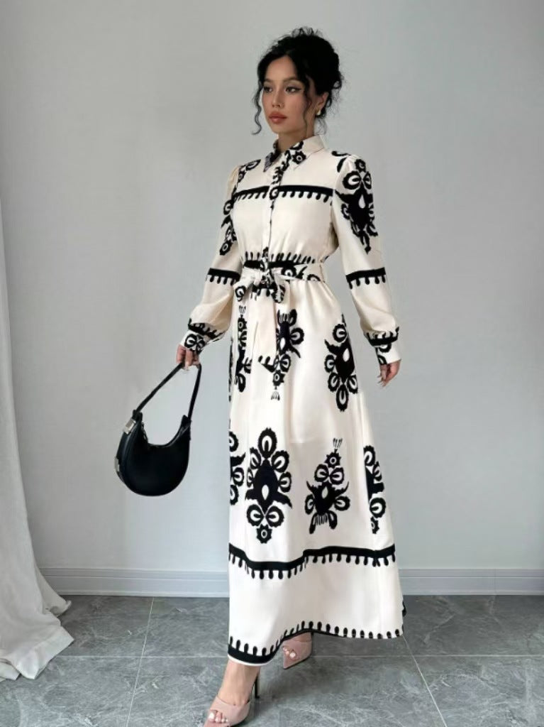 Women Autumn Winter Women Chic Contrast Holidays Print Button Dress 4