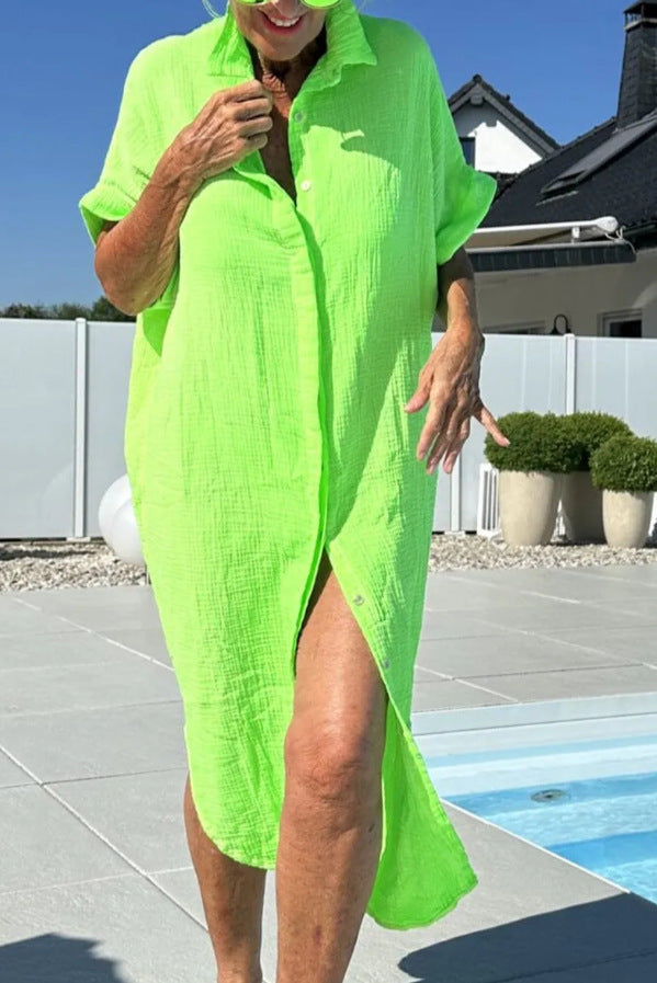 Women Summer Print Holidays Button Shirt Dress 4