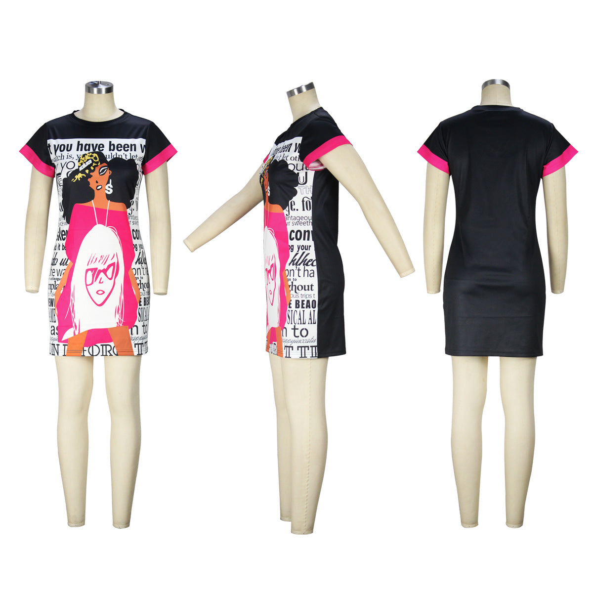 Fashion Ladies Cartoon Character Letter Print Round Neck Short Sleeve Casual Dress 10