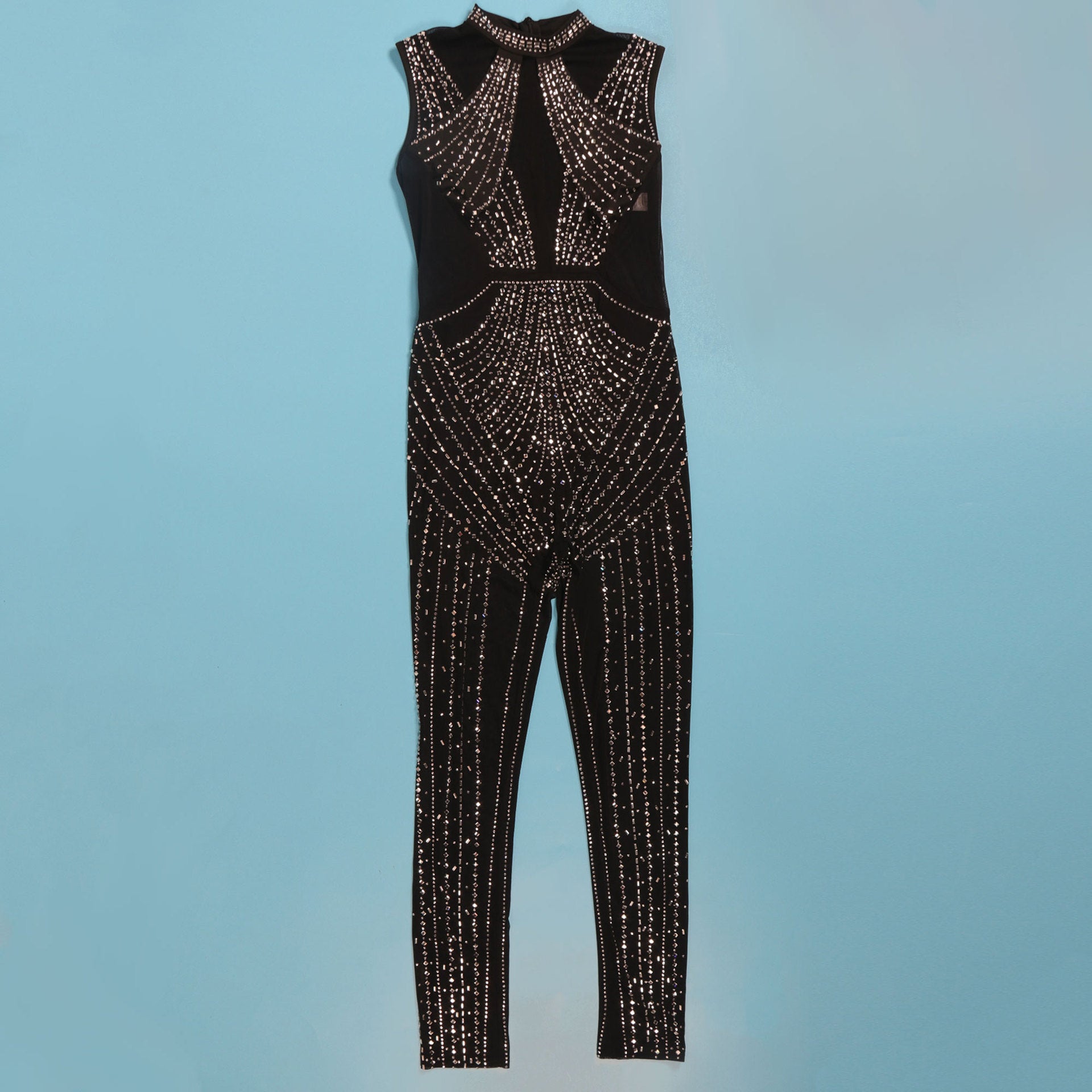 Women Sexy Beaded See-Through Bodycon Stretch Sleeveless Jumpsuit 19