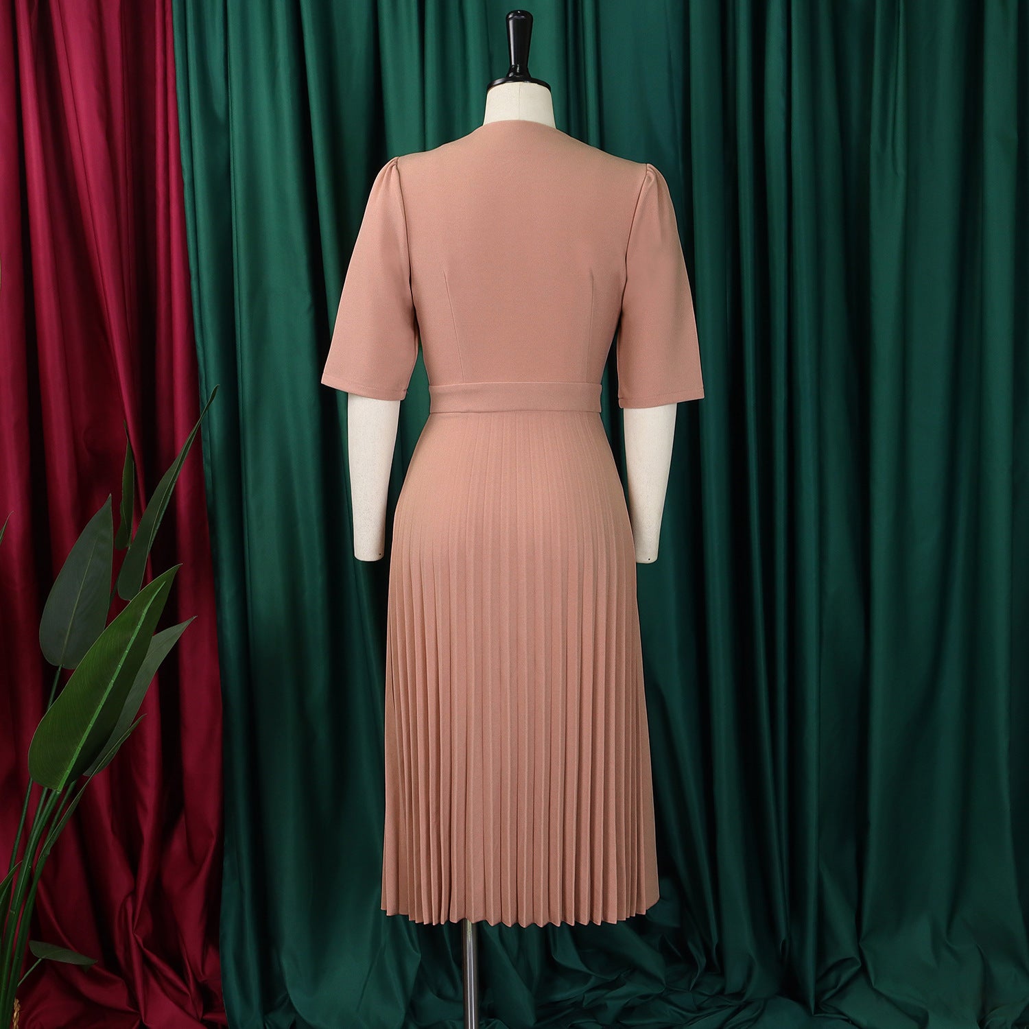 Women's Summer V-Neck Fashion Short Sleeve Solid Color Elegant Pleated African Dress 19