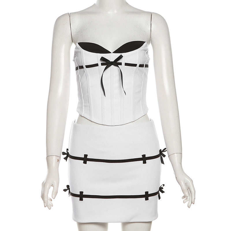 Women jacquard Lace-Up herringbone Strapless Top and Bodycon skirt two-piece set 10