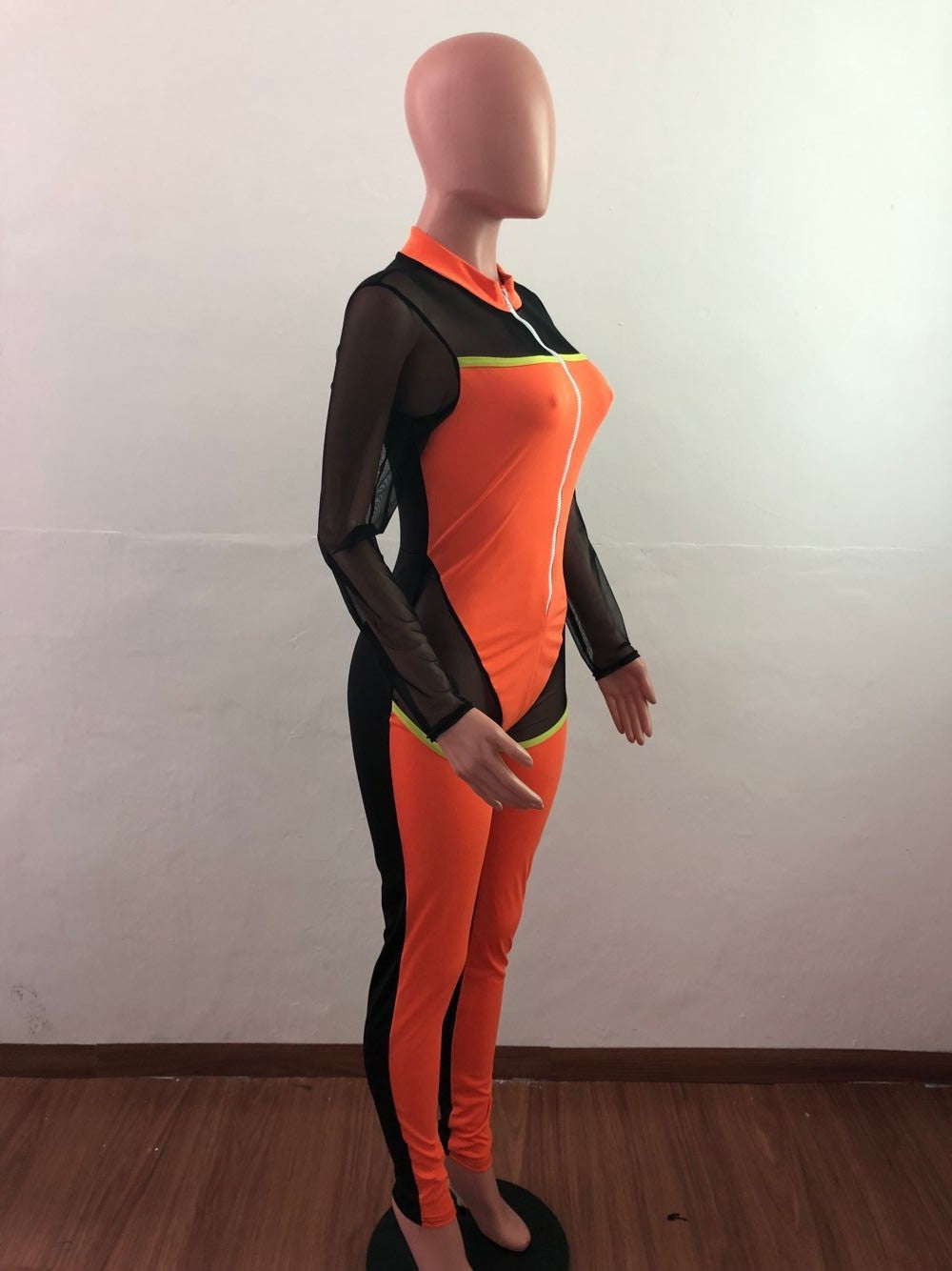 Sexy Plus Size Women's Clothing Color Block Mesh Long Sleeve Zipper Casual Jumpsuit 14