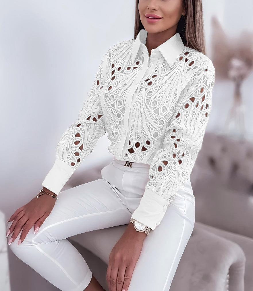 Spring Autumn Career Women Fashion Lace Hollow Long-Sleeved Shirt 8