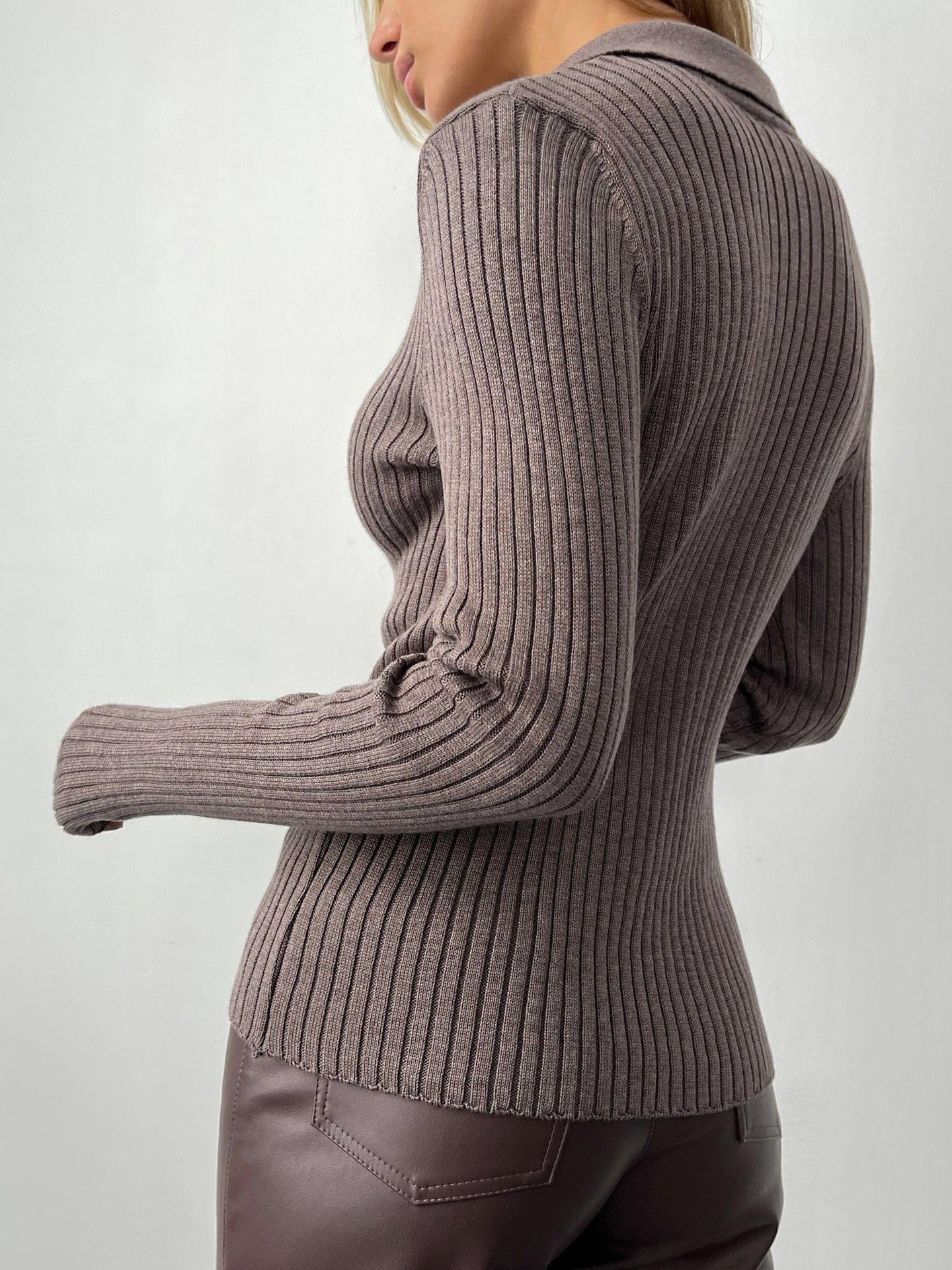 Autumn And Winter Turndown Collar V-Neck Knitting Sweater Chic Career Slim Ribbed Basic Pullover Top For Women 6