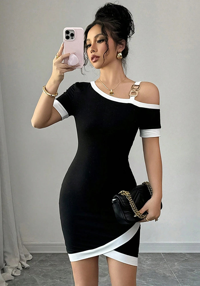 Women Spring Summer Knitting Stretch Tight Fitting Slash Shoulder Short Sleeve Color Block Black White Fashion Casual Elegant Dress