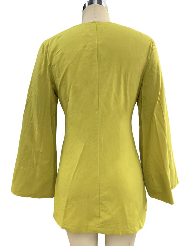 Ladies Fashion Chic Bell Bottom Sleeve V Neck Linen Dress 21