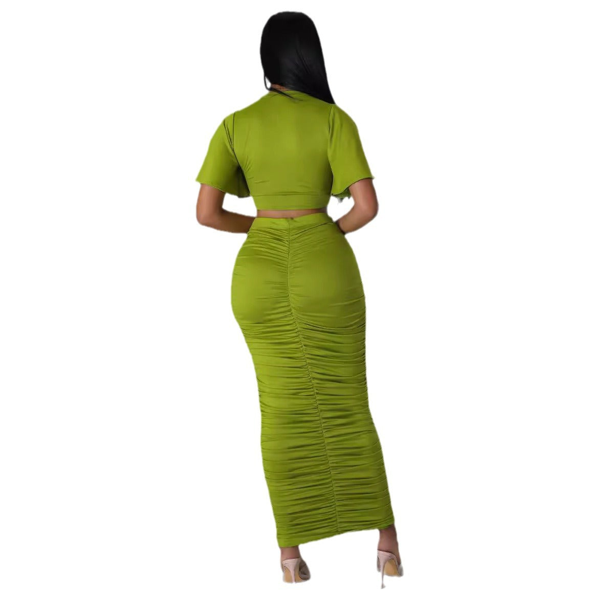 Solid Color Sexy Short-Sleeved Crop Top Slim Long Skirt Two Piece Set 7