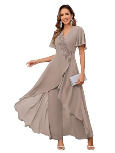 V-Neck Mother's Dress Solid Color Pants Two-Piece Set 10