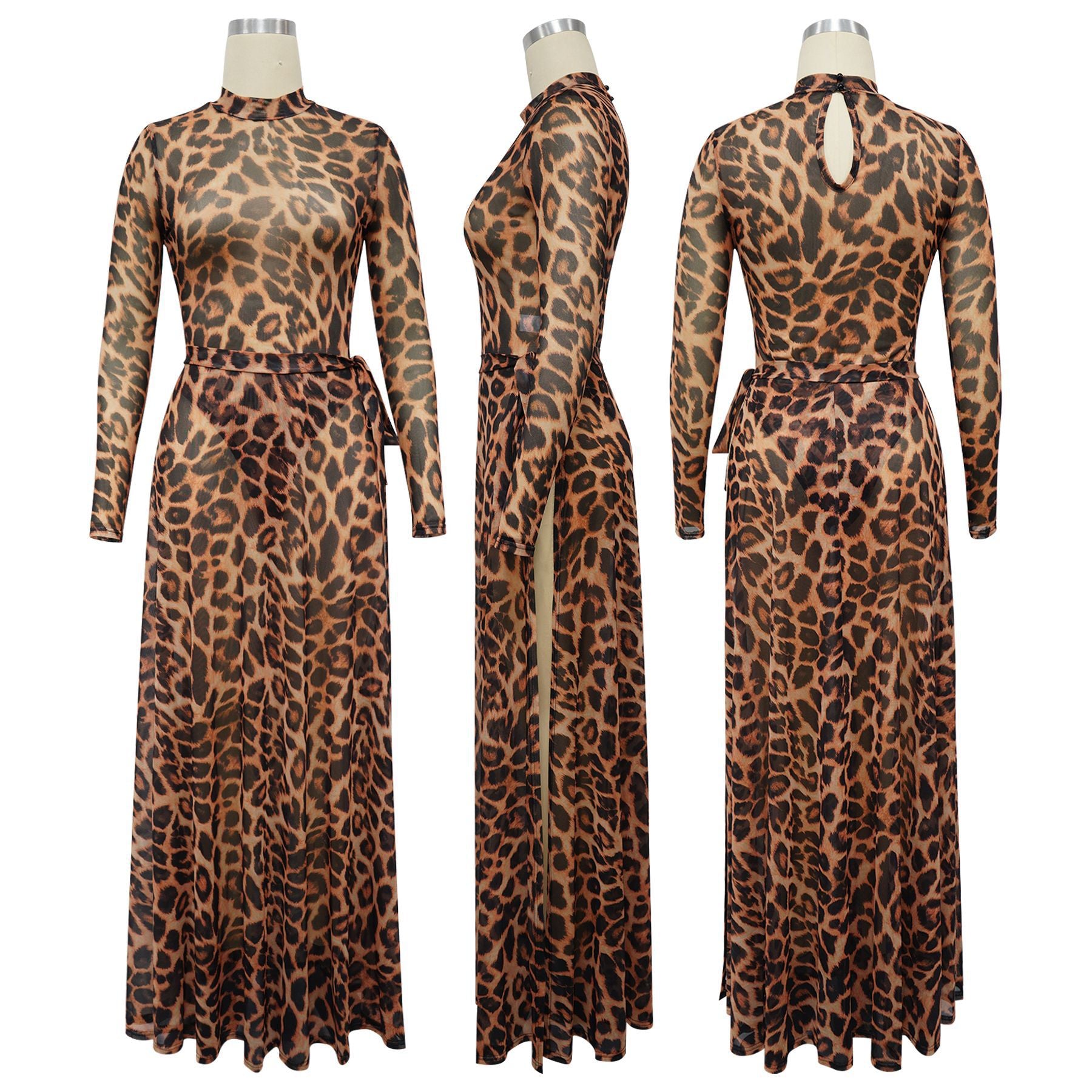 Women Sexy Leopard Print See-Through Bodysuit and Slit Skirt Two-Piece Set 10
