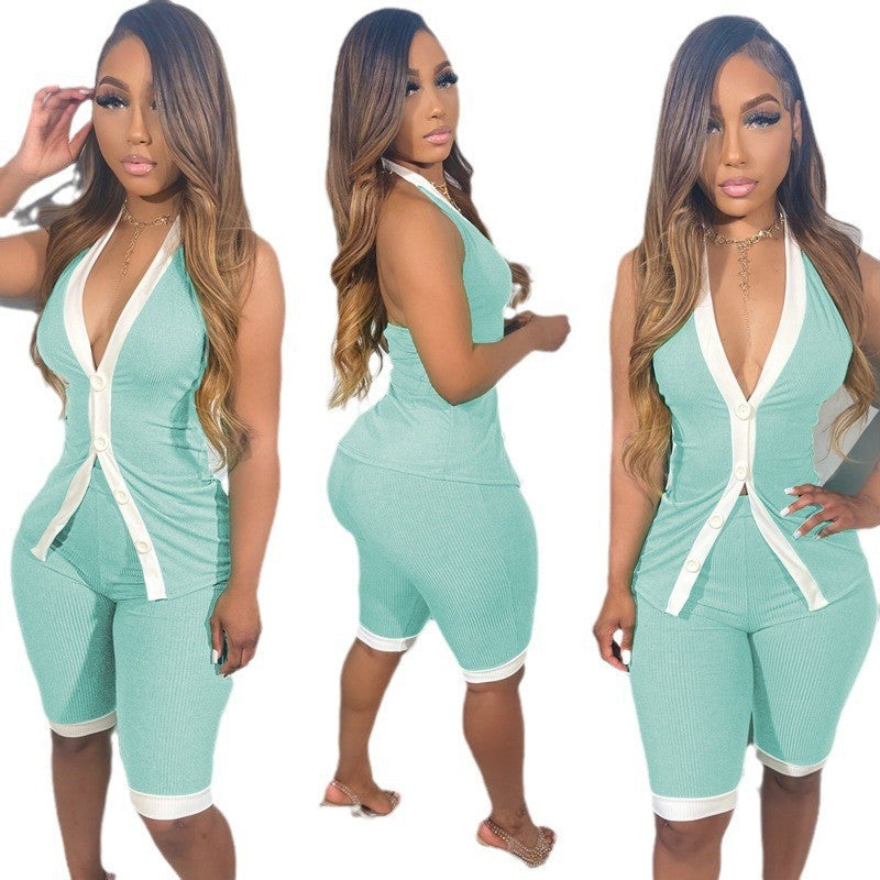 Women sexy contrast v-neck Halter Neck Top and Shorts two-piece set 10