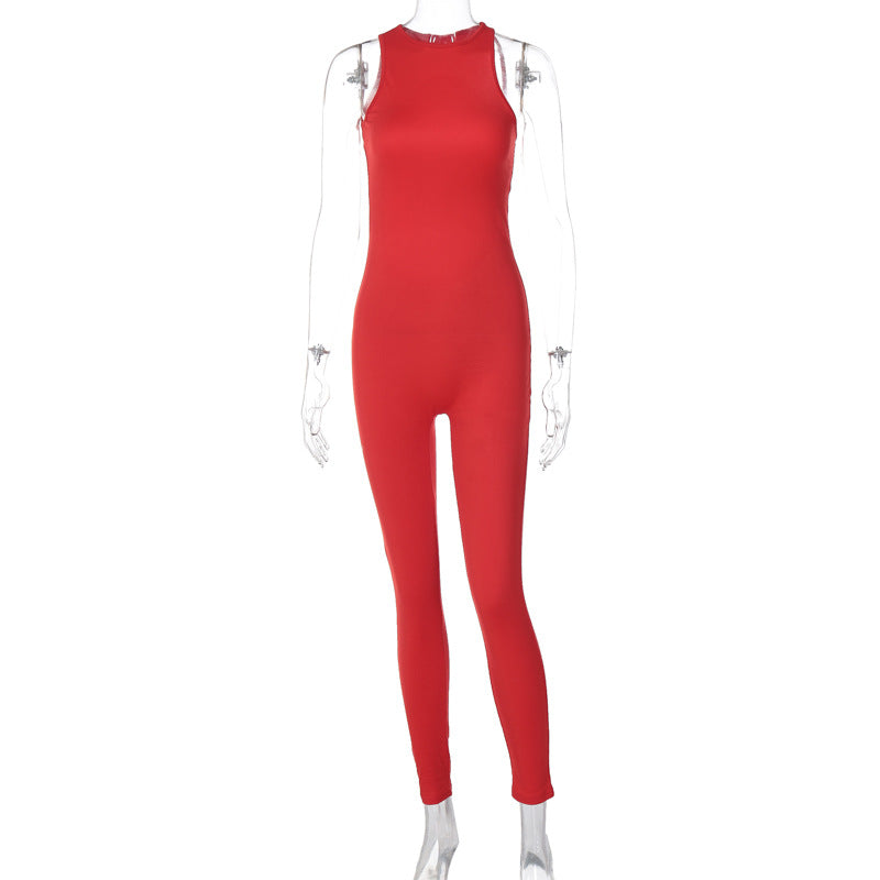 Spring Women's Solid Color Sexy Low Back Metal Buckle Fashion Sports Yoga Jumpsuit 10